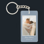 Llavero Guión corto Dusty Boda azul foto del aniversario<br><div class="desc">Corte Script Dusty Blue Boda Photo cadena de claves con tu imagen y texto de elección para dar como un keepsake de maleza o memoria boda a la familia o amigos.</div>