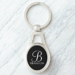 Llavero Guión de monograma personalizado negro y nombre<br><div class="desc">Regalo de monograma y nombre personalizado
caracterizado por monograma personalizado en estilo de letra script clásico blanco y nombre en estilo de letra serif clásico blanco sobre fondo negro.

Perfecto para vacaciones,  reunión familiar y para cualquier ocasión especial.</div>