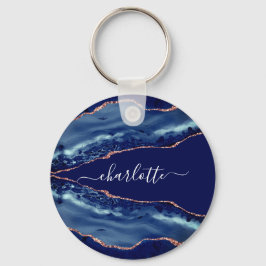 Llavero Guión de nombre dorado del rosa de mármol azul