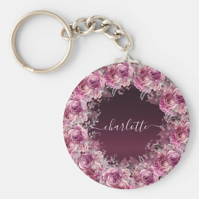 Llavero Guión de nombre floral rosa de Borgoña (Frente)