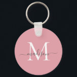 Llavero Guión giratorio del monograma gris blanco rosado R<br><div class="desc">Simple Rubor Pink White Gray Monograma Elegante estilo de escritura moderna Keychain</div>