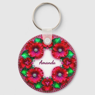 Llavero Guirnalda floral redonda con joyas rojas y verdes