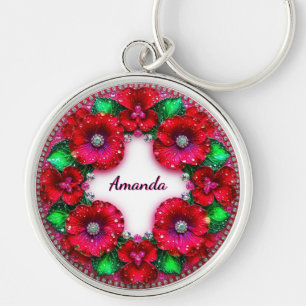 Llavero Guirnalda floral redonda con joyas rojas y verdes