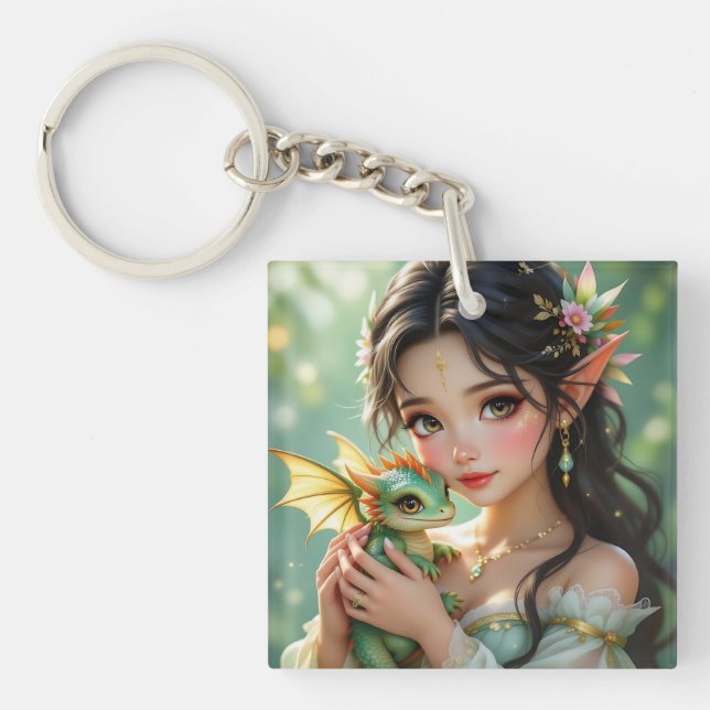 Llavero Hada Elfa Bonita y Dragón Personalizado Etéreo (Frente)