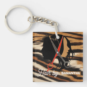 Llavero Hair Stylist Custom Name Tiger Print Salon Bag