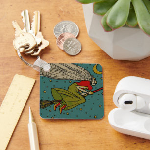 Llavero Halloween antiguo, Bruja malvada volando en escoba