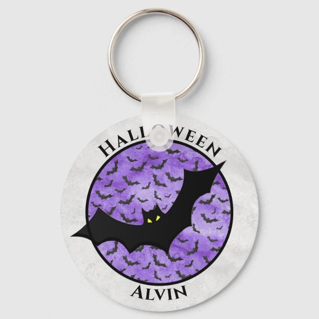 Llavero Halloween Black Bat Random Pattern Purple BG (Anverso)