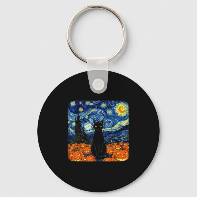 Llavero Halloween Black Cat Costume Van Gogh Starry Night (Anverso)