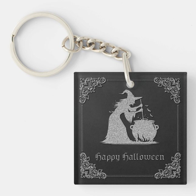 Llavero Halloween de Brujas y Calderones Plateados (Frente)