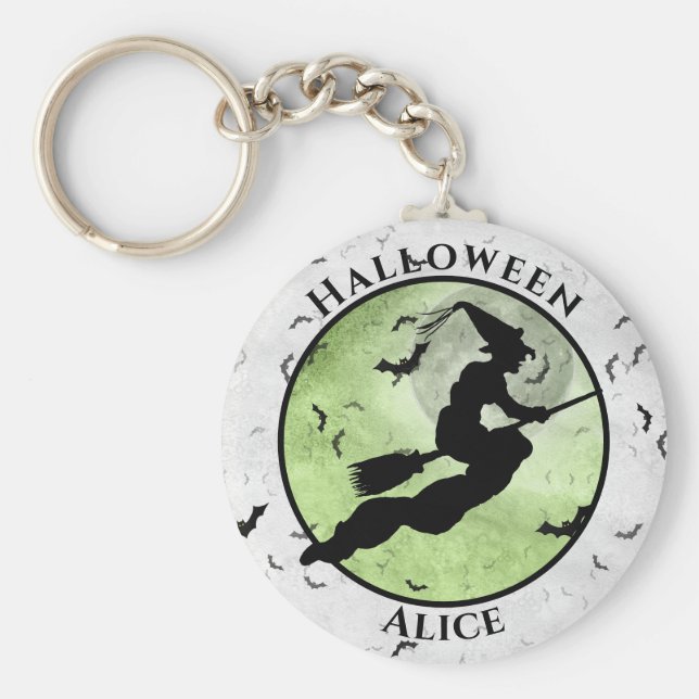 Llavero Halloween Flying Black Witch Silhouette Green (Frente)