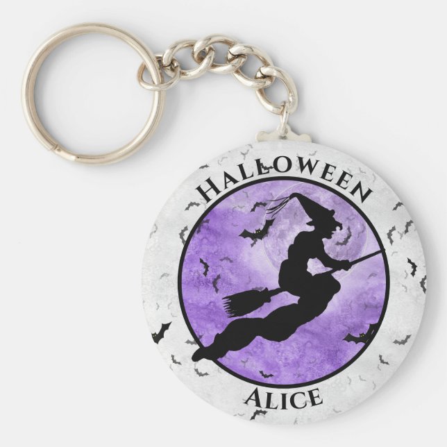 Llavero Halloween Flying Black Witch Silhouette Purple (Frente)