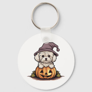 Llavero Halloween Gorra de brujas Calabaza Perro Maltés