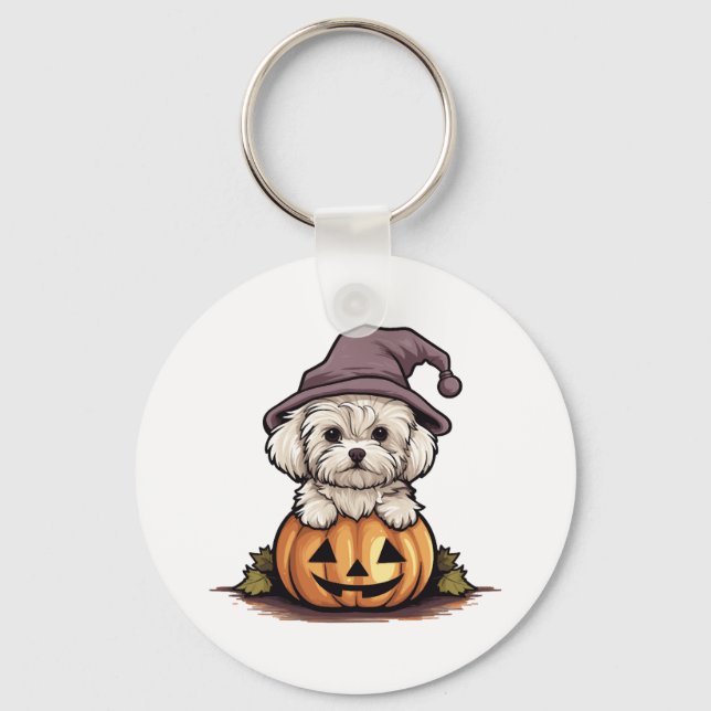 Llavero Halloween Gorra de brujas Calabaza Perro Maltés (Anverso)