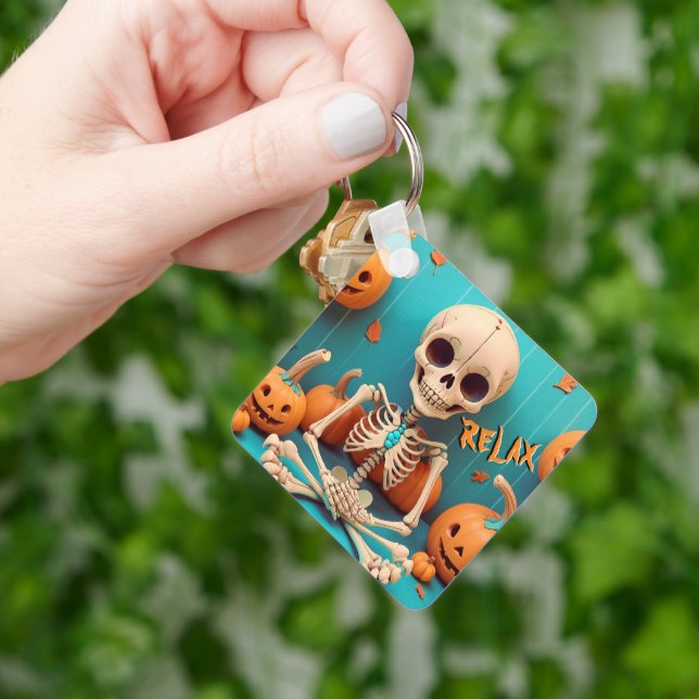 Llavero Halloween Skeleton Cute Calabaza Naranja cian Text (Mano)
