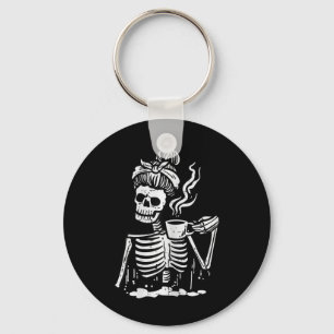 Llavero Halloween Skeleton Messy Bun Coffee Funny Costume