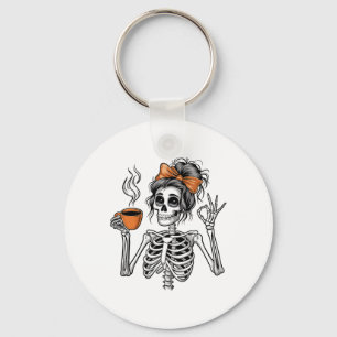 Llavero Halloween Skeleton Messy Bun Coffee Funny Costume