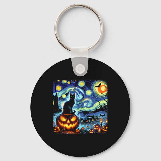 Llavero Halloween Van Gogh Starry Night Black Cat Pumpkins (Anverso)