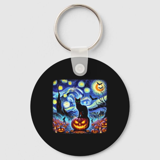 Llavero Halloween Van Gogh Starry Night Black Cat Pumpkins (Anverso)