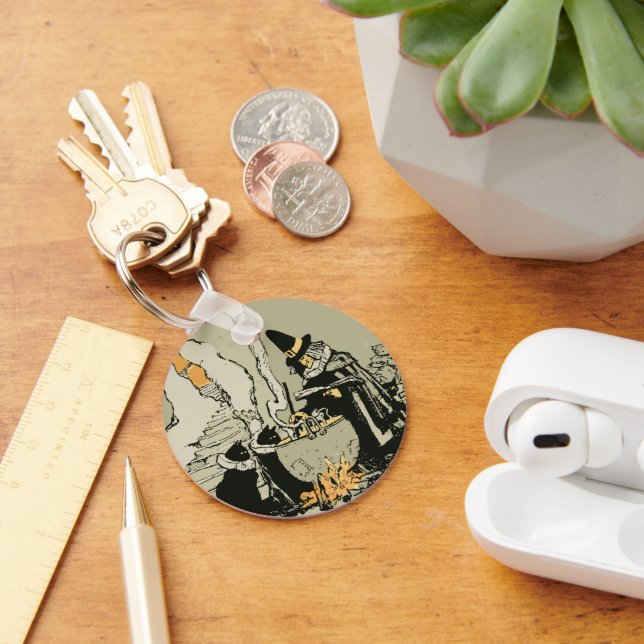 Llavero Halloween vintage, bruja con caldero y gatos (Escritorio )