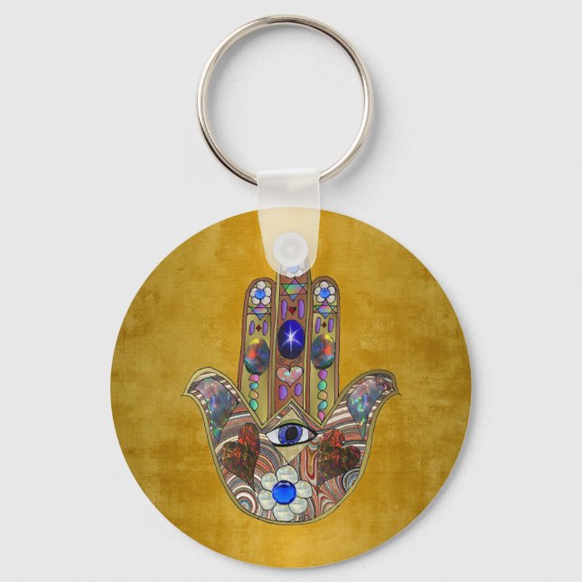 Llavero Hamsa Hearts Flores: Arte Opal sobre Oro (Anverso)