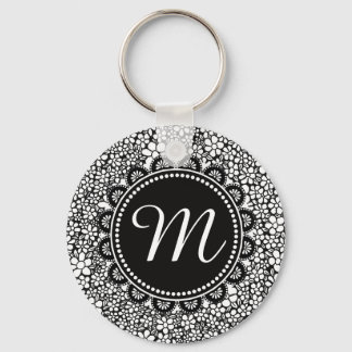 Llavero Hand Drawn Black and White Flower Pattern Monogram