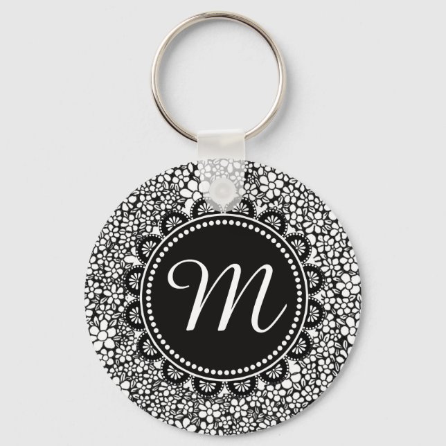 Llavero Hand Drawn Black and White Flower Pattern Monogram (Anverso)