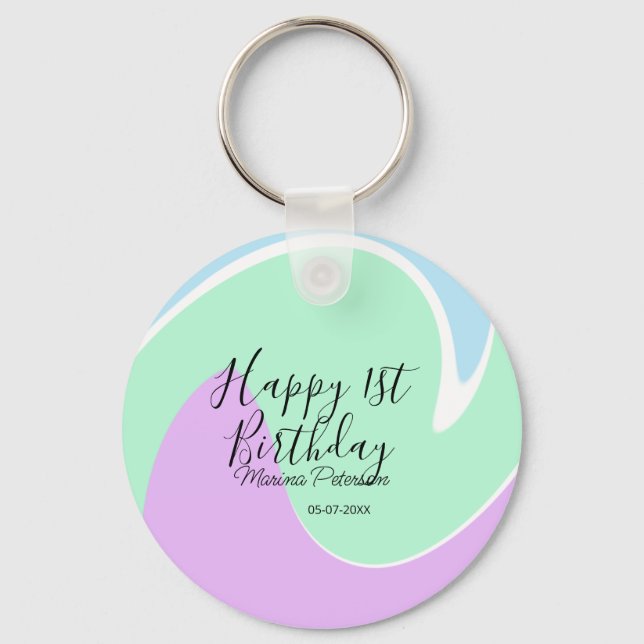 Llavero Happy 1st birthday pink green blue acrylic pour  (Anverso)