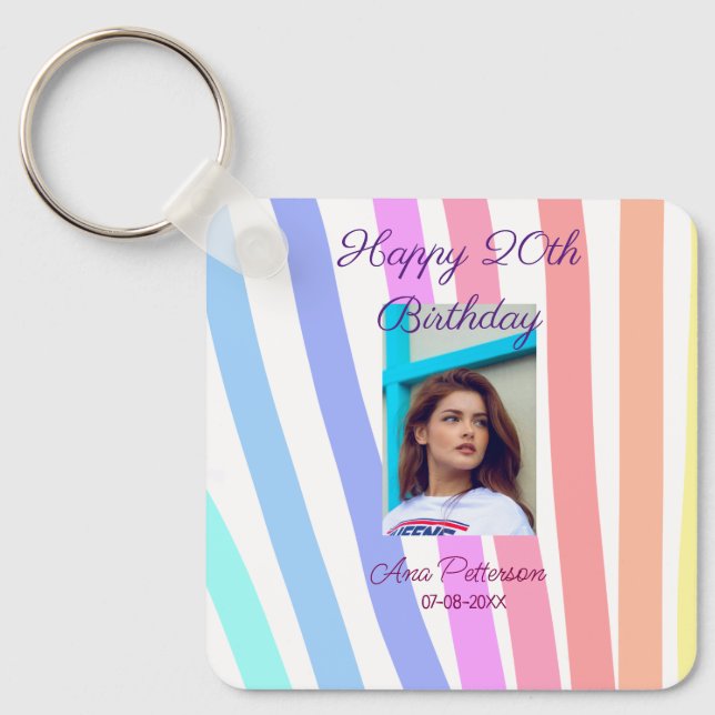 Llavero Happy 20th Birthday rainbow rustic boho lines phot (Anverso)