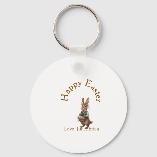 Llavero Happy Easter brown bunny with eggs love add name  (Anverso)