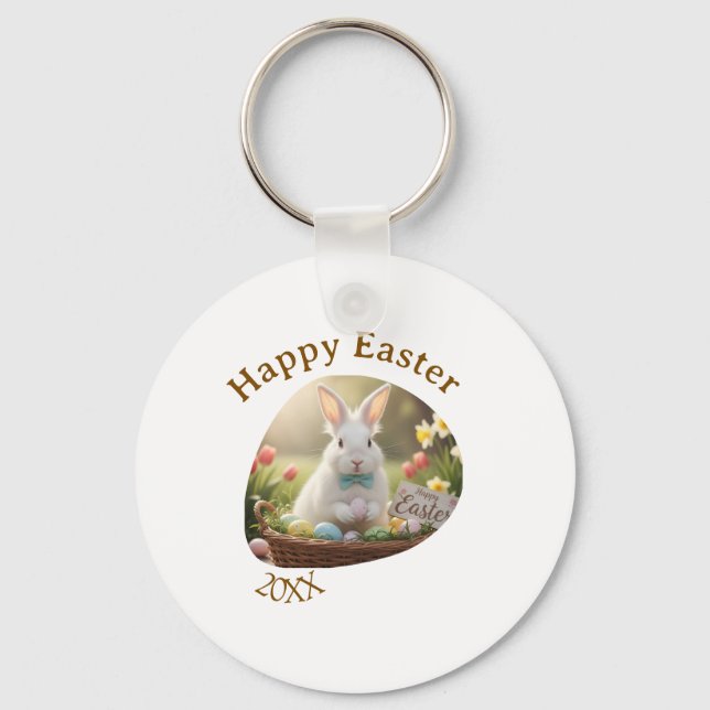 Llavero Happy Easter white bunny year photo family name  (Anverso)