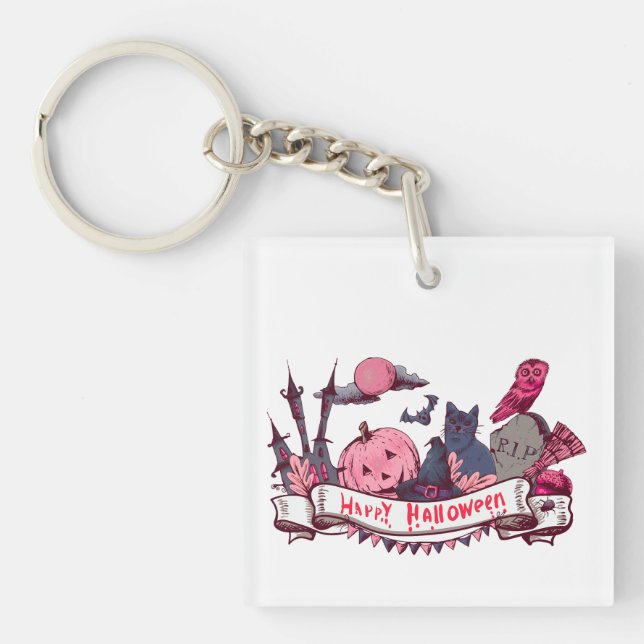 Llavero Happy Halloween Banner with Castle, Pumpkin, Black (Frente)