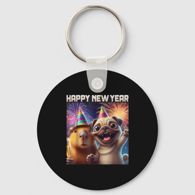 Llavero Happy New Year 2026 Capybara Pug Party Art  (Anverso)