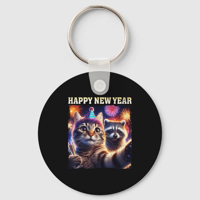 Llavero Happy New Year 2026 Cute Cat Raccoon Celebration  (Anverso)