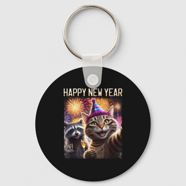 Llavero Happy New Year 2026 Cute Cat Raccoon Celebration  (Anverso)