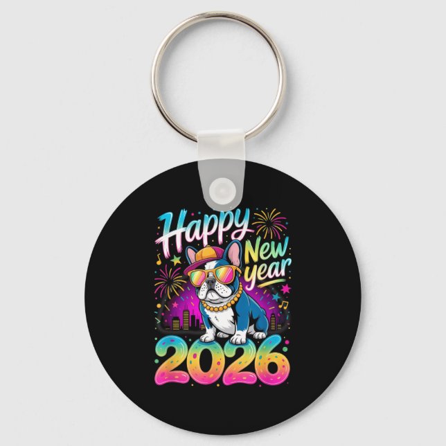 Llavero Happy New Year 2026 French Bulldog Fireworks Party (Anverso)