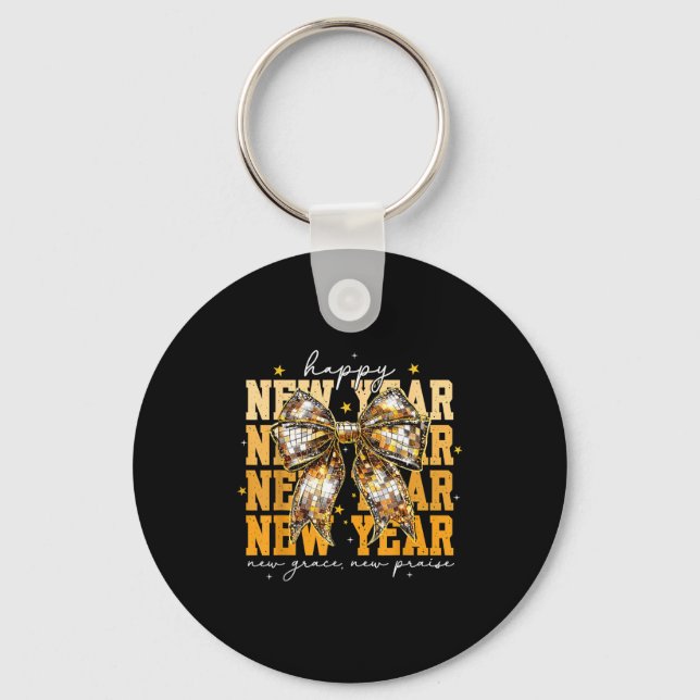Llavero Happy New Year 2026 Gold Coquette Bow Disco Ball C (Anverso)