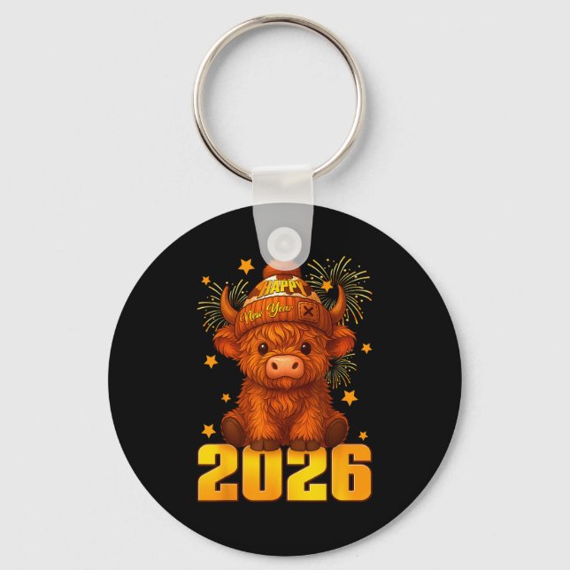 Llavero Happy New Year 2026 Highland Cow &amp; Party Hat N (Anverso)