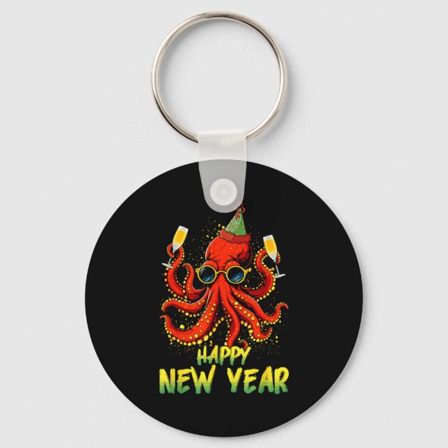 Llavero Happy New Year 2026 Octopus Drinking Champagne New (Anverso)