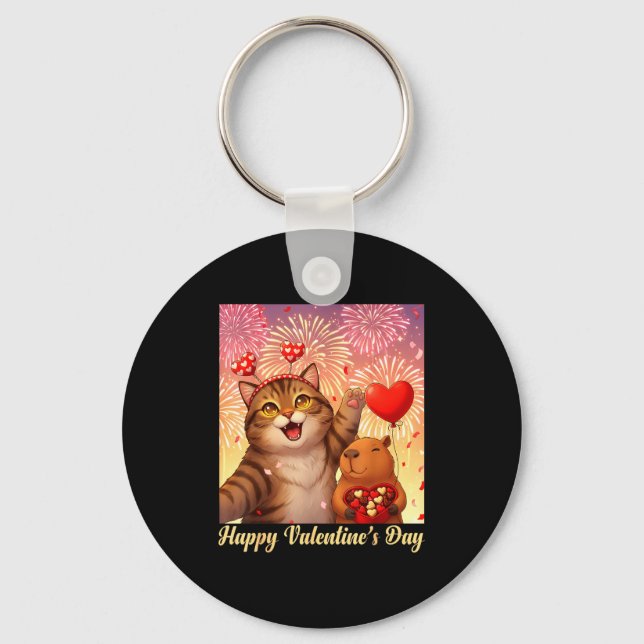 Llavero Happy Valentines 2026 Cute Cat Capybara Party Art  (Anverso)
