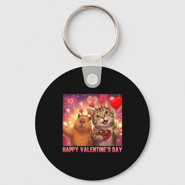 Llavero Happy Valentines 2026 Cute Cat Capybara Party Art  (Anverso)