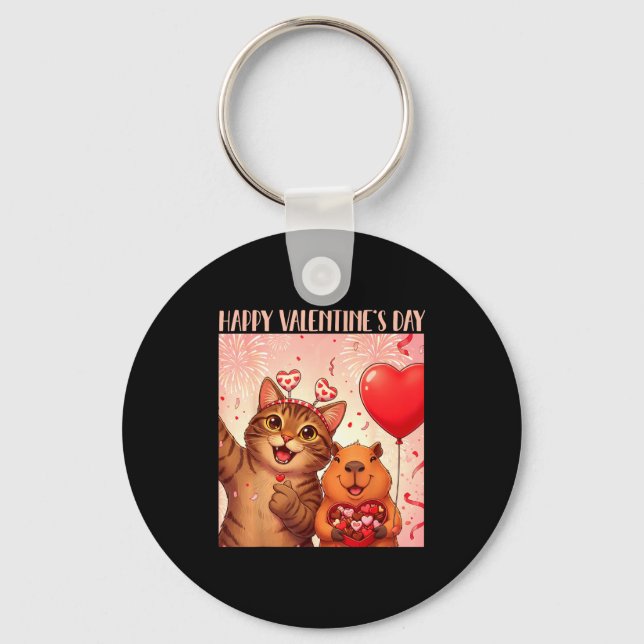 Llavero Happy Valentines 2026 Cute Cat Capybara Party Art  (Anverso)