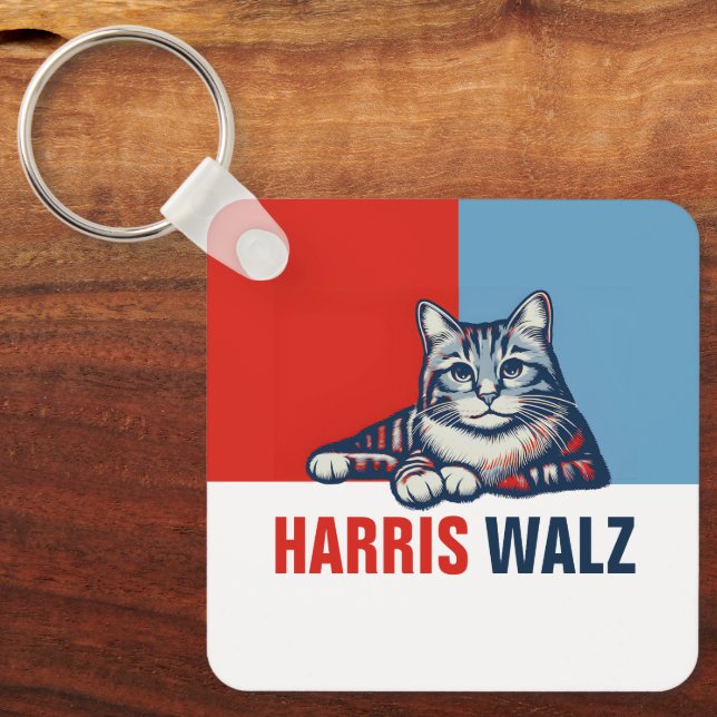 Llavero Harris Walz 2024 Obviamente gato azul rojo (Anverso)
