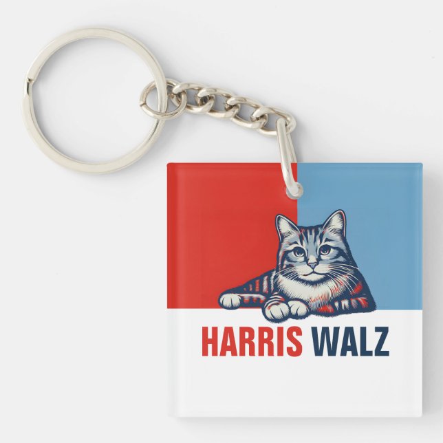 Llavero Harris Walz 2024 Obviamente gato azul rojo (Frente)