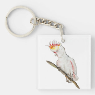 Llavero Hermosa acuarela cacatúa dibujo a mano de loro