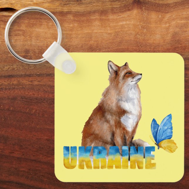 Llavero Hermosa acuarela Ucrania Fox y Mariposa (Anverso)