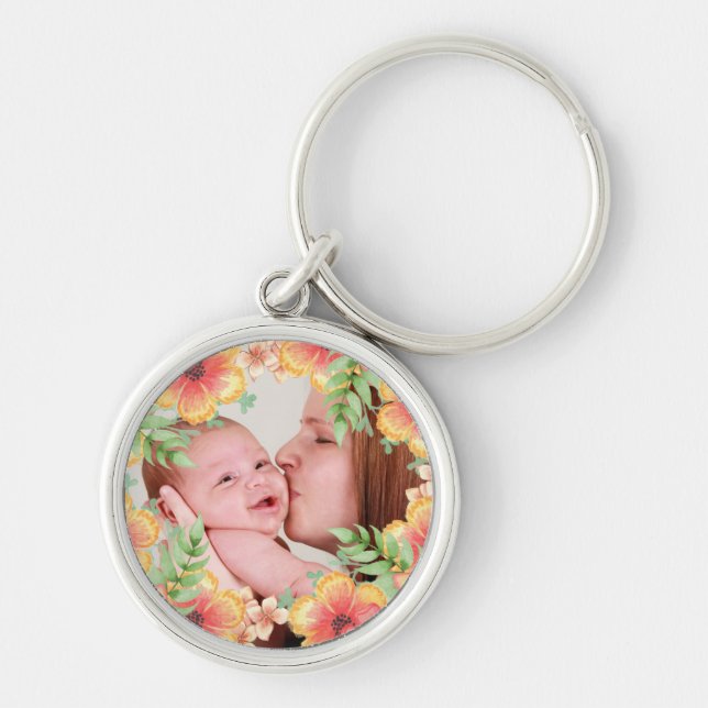 Llavero Hermosa foto personalizada floral naranja (Frente)