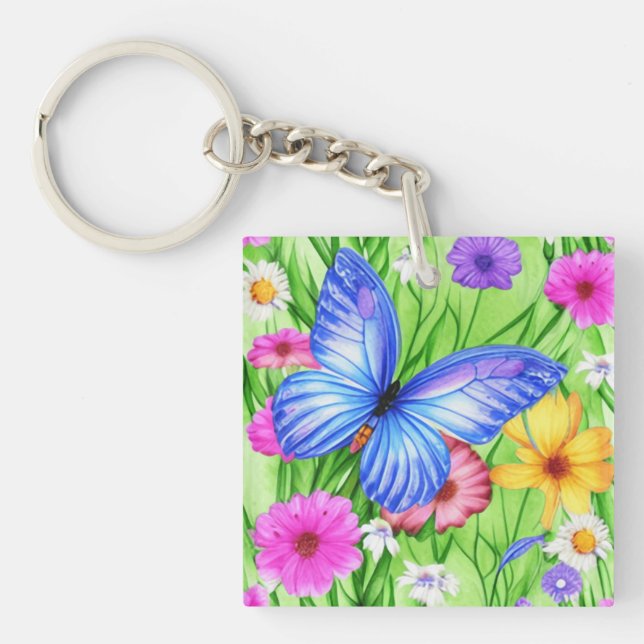 Llavero Hermosa mariposa azul con flores acuarela (Frente)