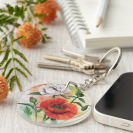 Llavero Hermosa pintura de Keychain de Poppies Blancos Roj