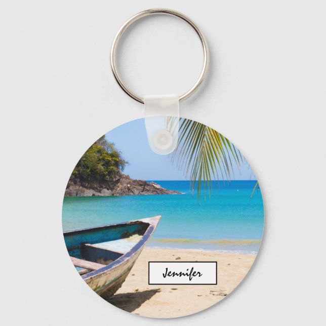 Llavero Hermosa playa tropical con lancha (Anverso)