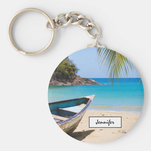 Llavero Hermosa playa tropical con lancha (Frente)